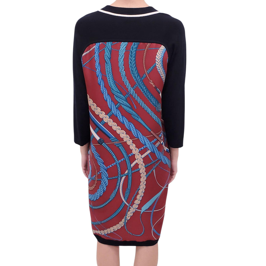 HERMÈS NAVY AND BURGUNDY HORSE PRINT SILK AND KNIT DRESS - SIZE 38
