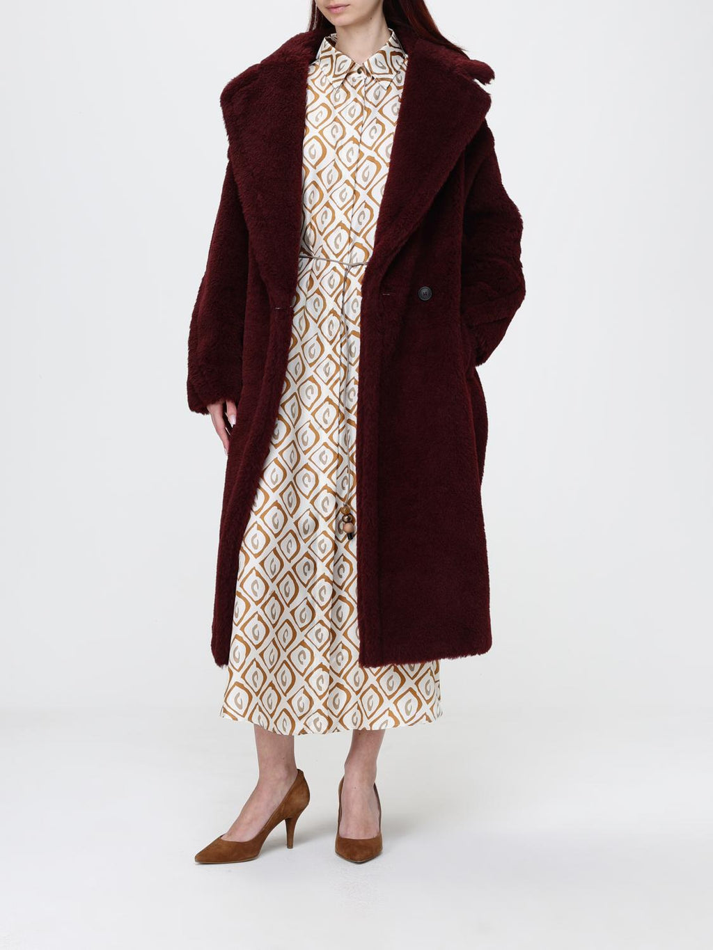 Max Mara Fur Coat Woman Burgundy