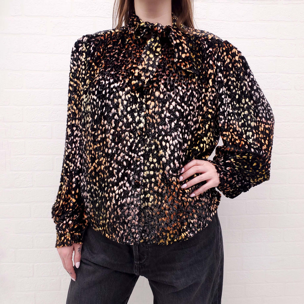 IRO BLACK AND RAINBOW LEOPARD BLOUSE WITH TIE - SIZE 40
