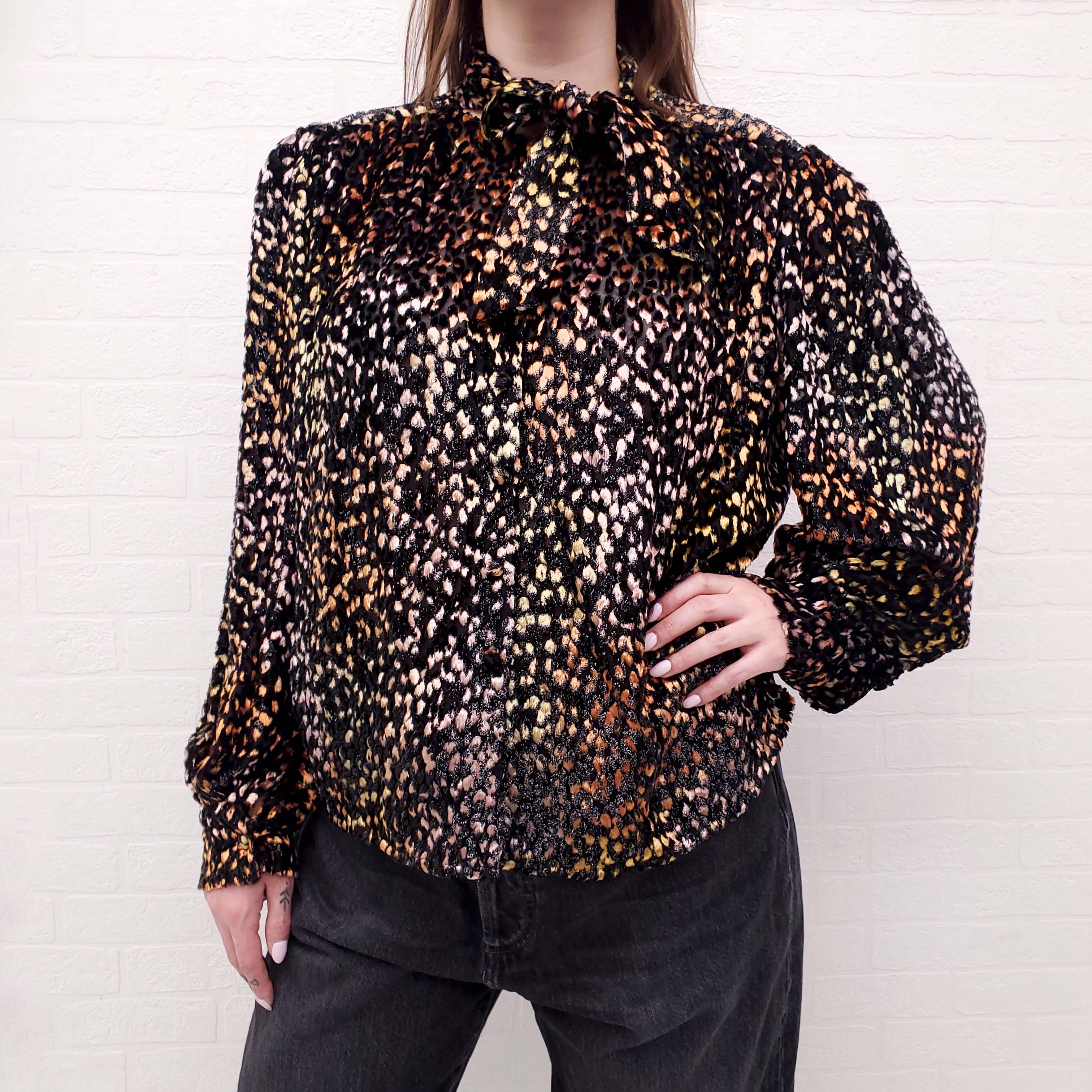 IRO BLACK AND RAINBOW LEOPARD BLOUSE WITH TIE - SIZE 40