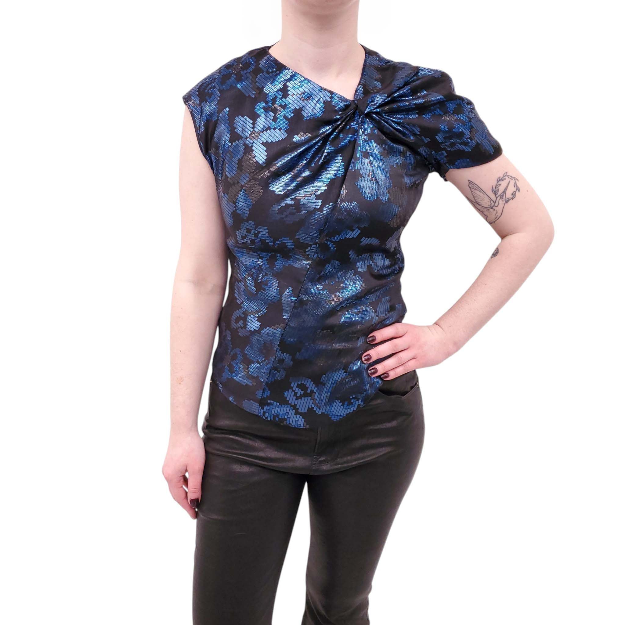 ISABEL MARANT BLACK AND BLUE METALLIC BLOUSE - SIZE 36
