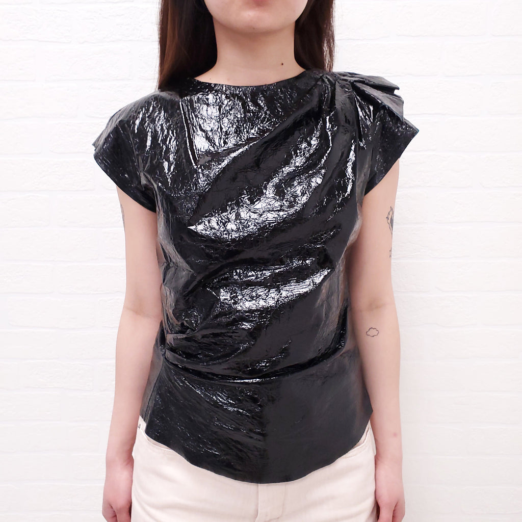 ISABEL MARANT BLACK CRINKLED LEATHER SHORT SLEEVE TOP - SIZE 36