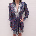 ISABEL MARANT NAVY FLORAL AND PAISLEY MERENEA DRESS WITH SEQUINS AND BELT - SIZE 34