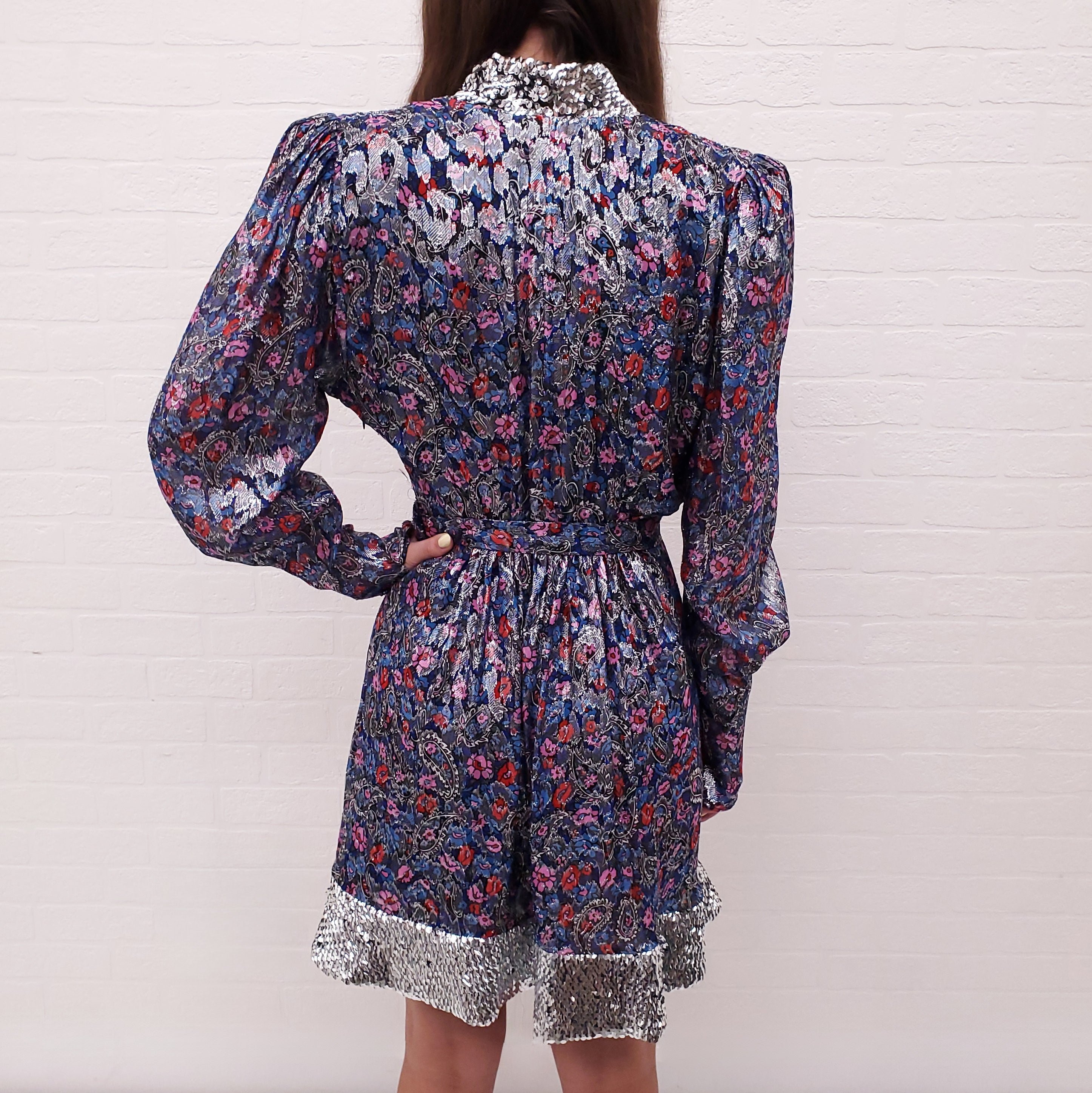 ISABEL MARANT NAVY FLORAL AND PAISLEY MERENEA DRESS WITH SEQUINS AND BELT - SIZE 34