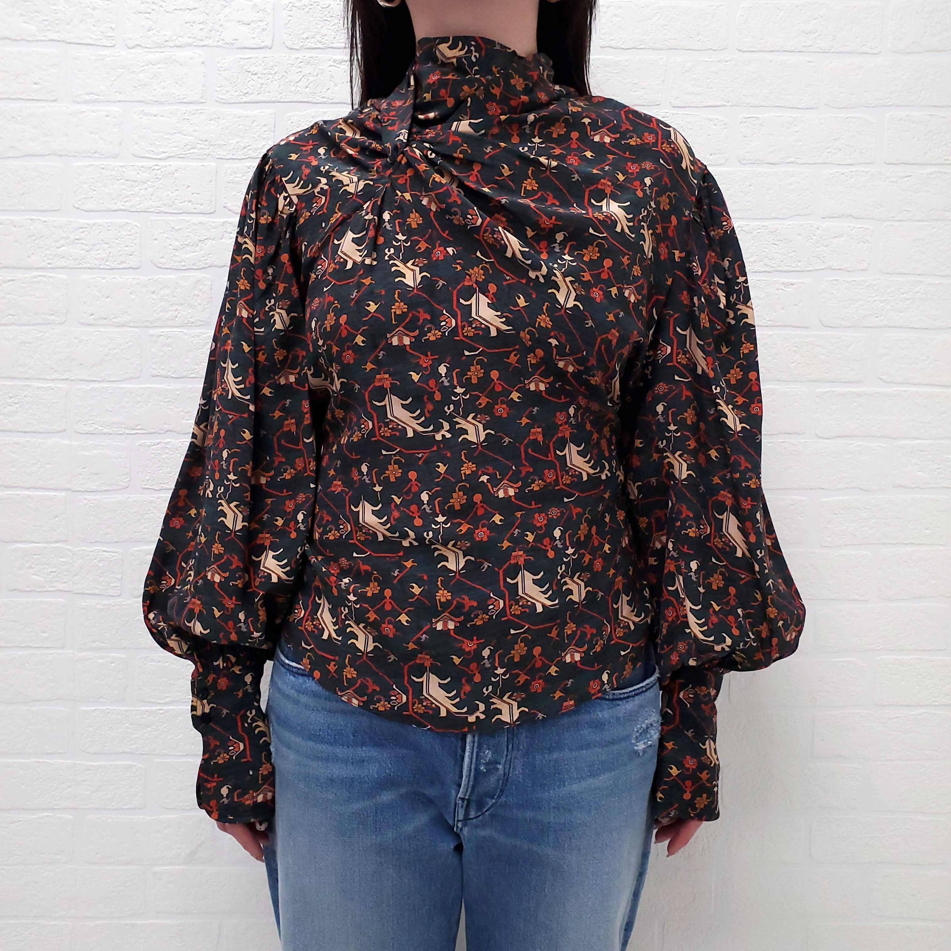 ISABEL MARANT PATTERNED KNOT BLOUSE  WITH PUFF SLEEVES - SIZE 36