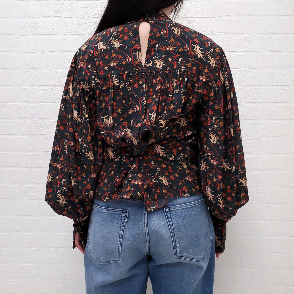 ISABEL MARANT PATTERNED KNOT BLOUSE  WITH PUFF SLEEVES - SIZE 36