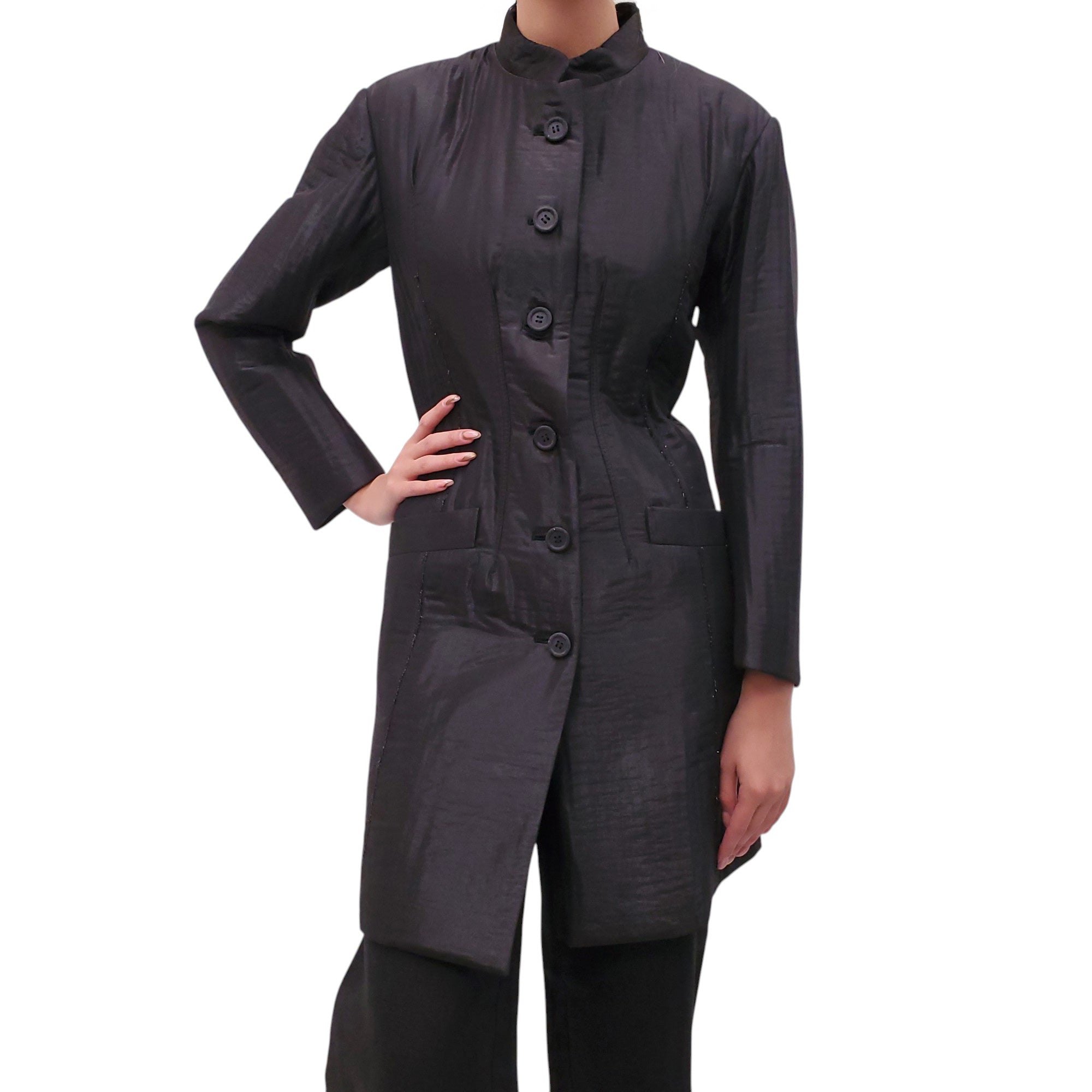 ISSEY MIYAKE BLACK METALLIC BUTTON-UP JACKET - SIZE S