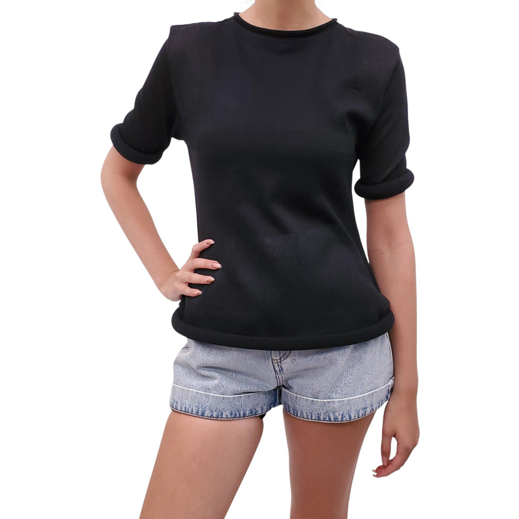 ISSEY MIYAKE BLACK TOP WITH ROLLED HEM DETAIL - SIZE 2/S