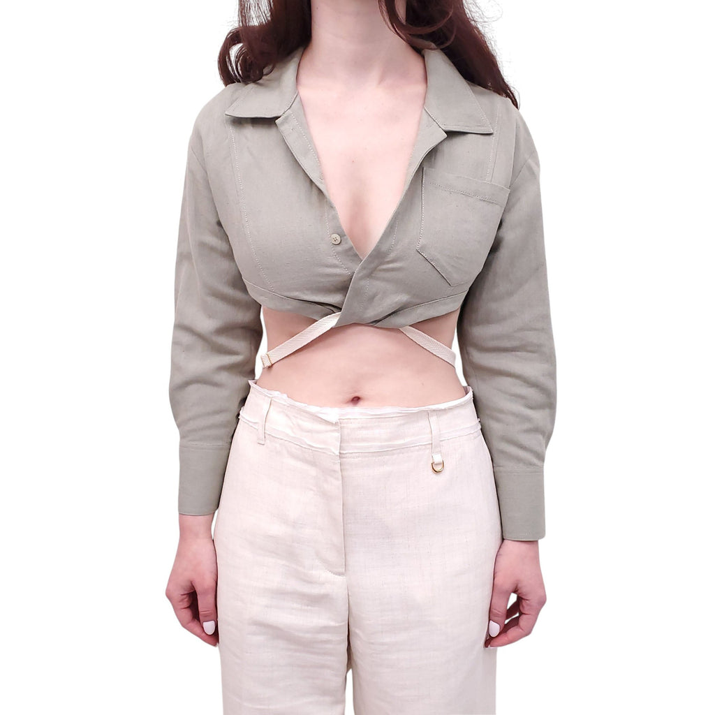 JACQUEMUS KHAKI GREEN LINEN 'L'AMOUR' CROPPED SHIRT - SIZE 34