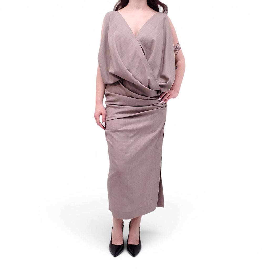 JACQUEMUS TAUPE 'LA BOMBA' RUCHED DRESS - SIZE 38