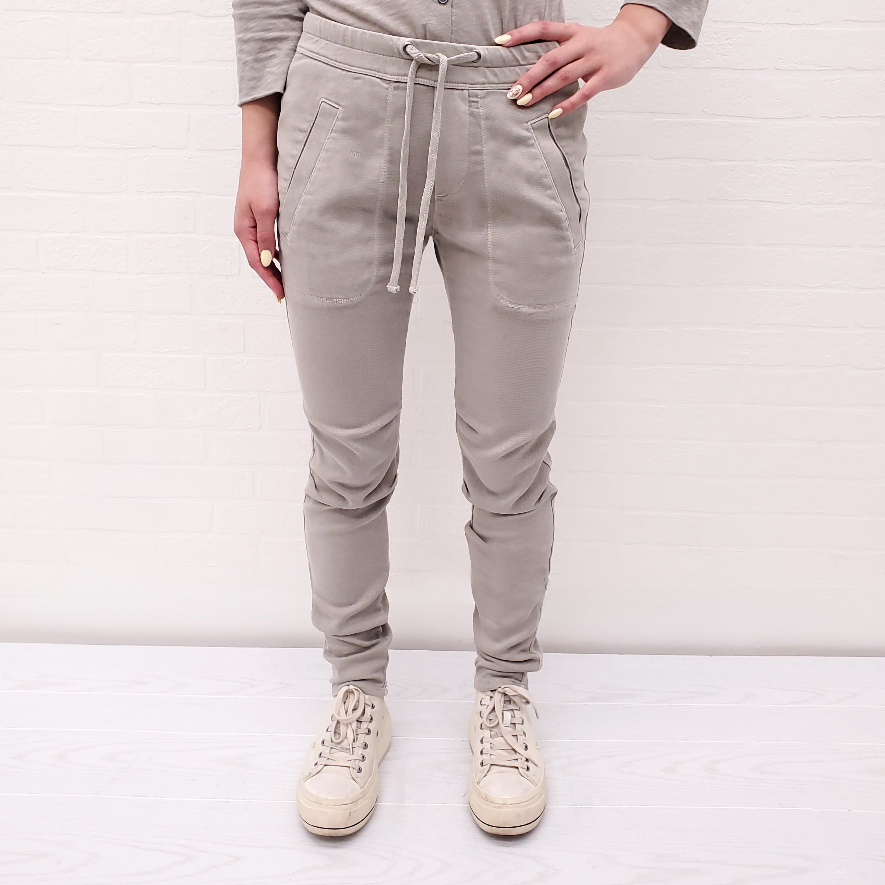 JAMES PERSE BEIGE COTTON DENIM EFFECT TROUSERS WITH DRAWSTRING - SIZE 0/XS