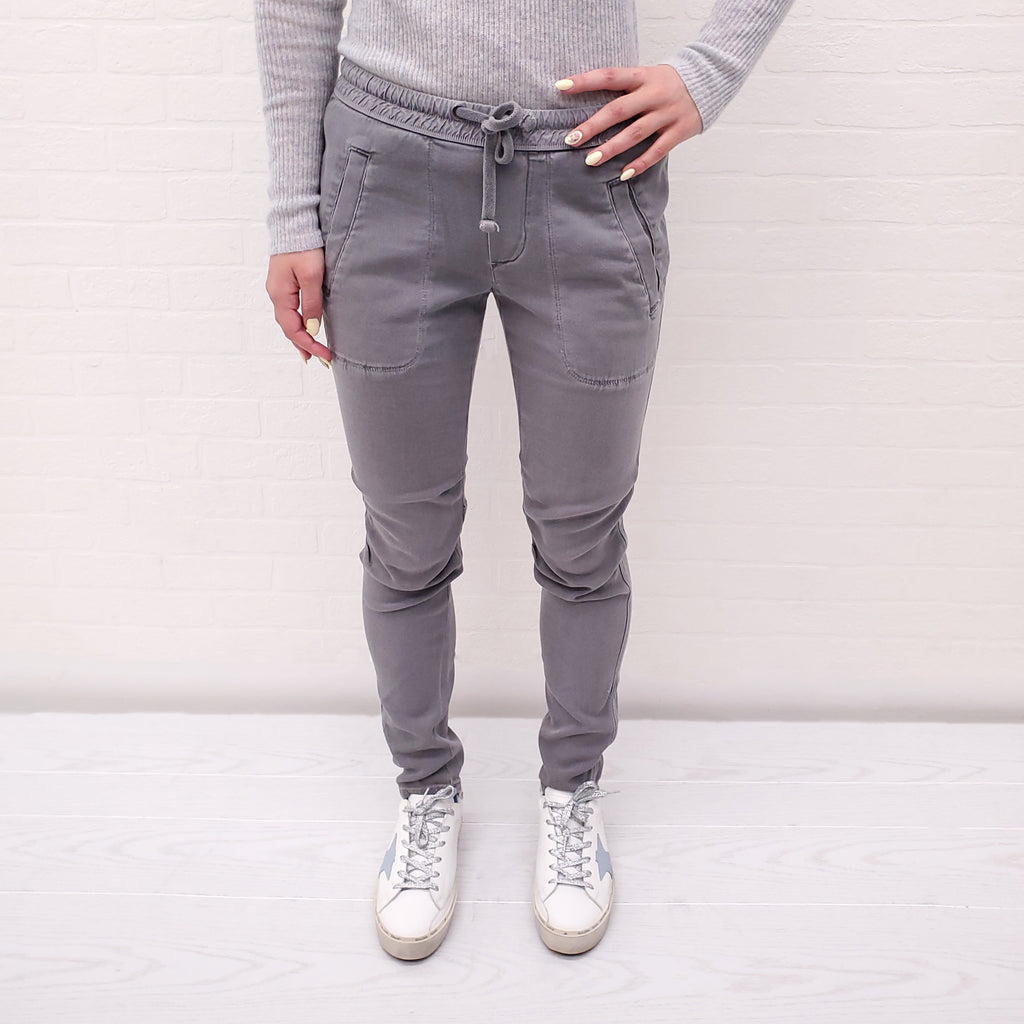 JAMES PERSE LIGHT GREY COTTON DENIM EFFECT TROUSERS WITH DRAWSTRING - SIZE 0/XS