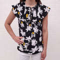 JASON WU BLACK, YELLOW AND WHITE FLORAL SLEEVELESS BLOUSE WITH TIE - SIZE 2