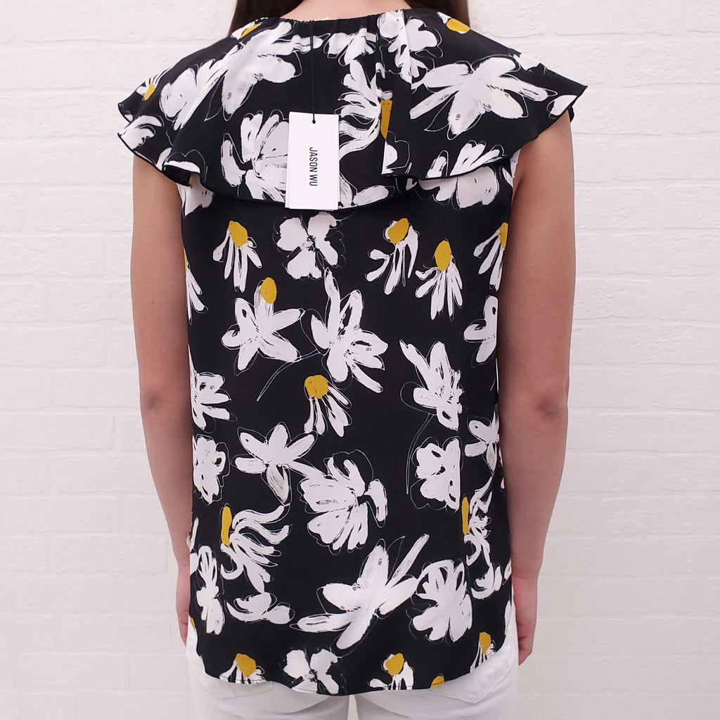 JASON WU BLACK, YELLOW AND WHITE FLORAL SLEEVELESS BLOUSE WITH TIE - SIZE 2