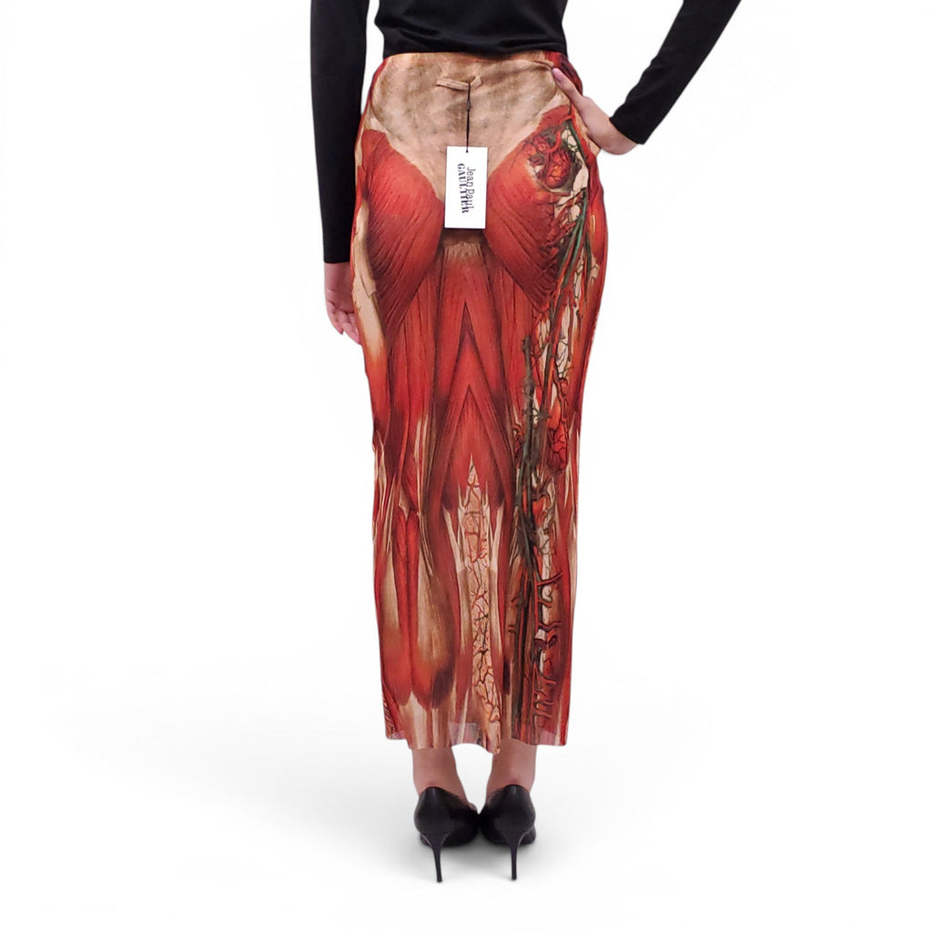 JEAN PAUL GAULTIER RED PATTERNED MESH LONG SKIRT - SIZE L