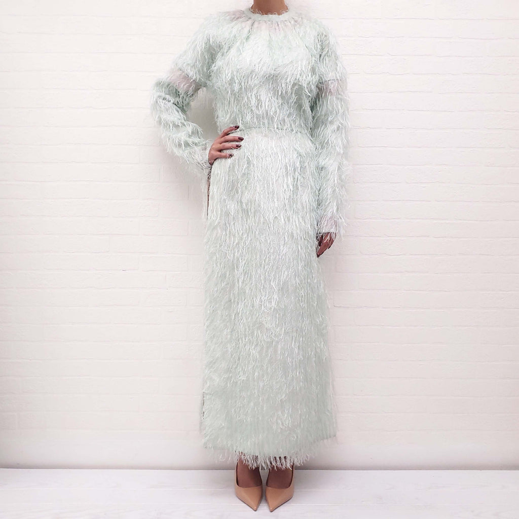 JIL SANDER MINT 'DOUBLE SPLIT LOBBY FRINGED' DRESS - SIZE 36