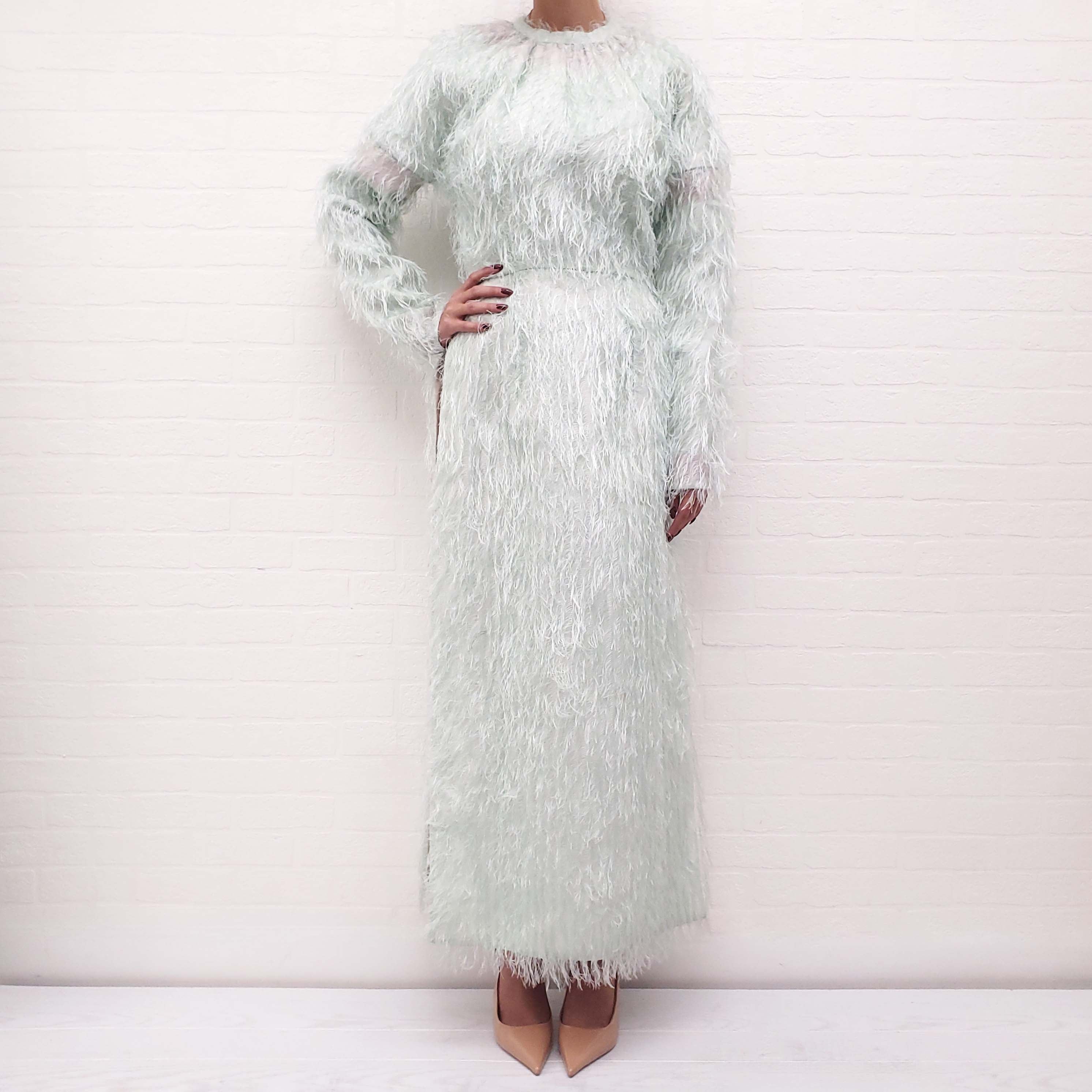 JIL SANDER MINT 'DOUBLE SPLIT LOBBY FRINGED' DRESS - SIZE 36