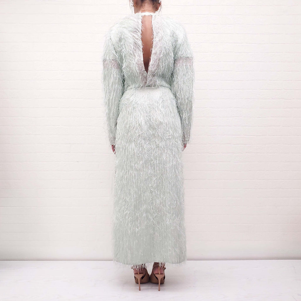 JIL SANDER MINT 'DOUBLE SPLIT LOBBY FRINGED' DRESS - SIZE 36