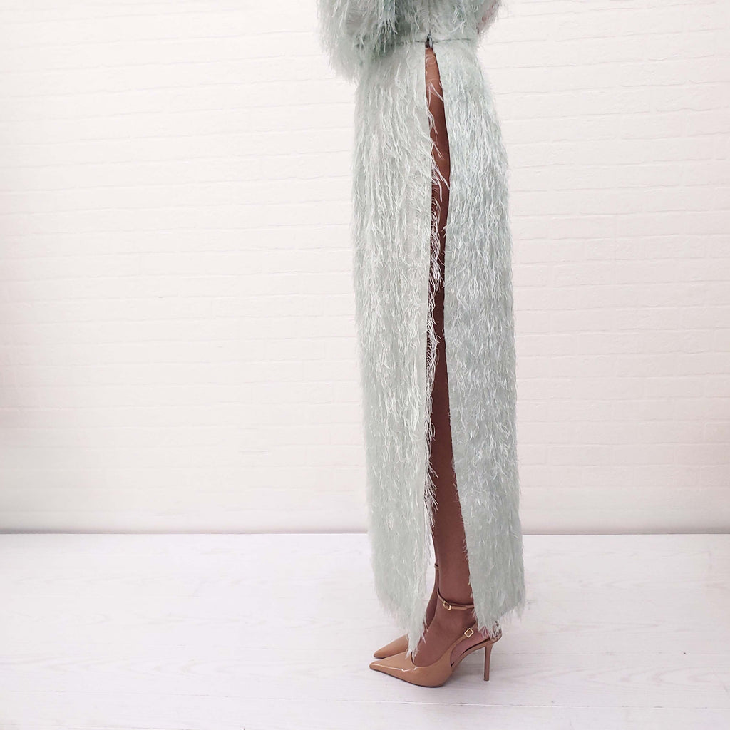 JIL SANDER MINT 'DOUBLE SPLIT LOBBY FRINGED' DRESS - SIZE 36