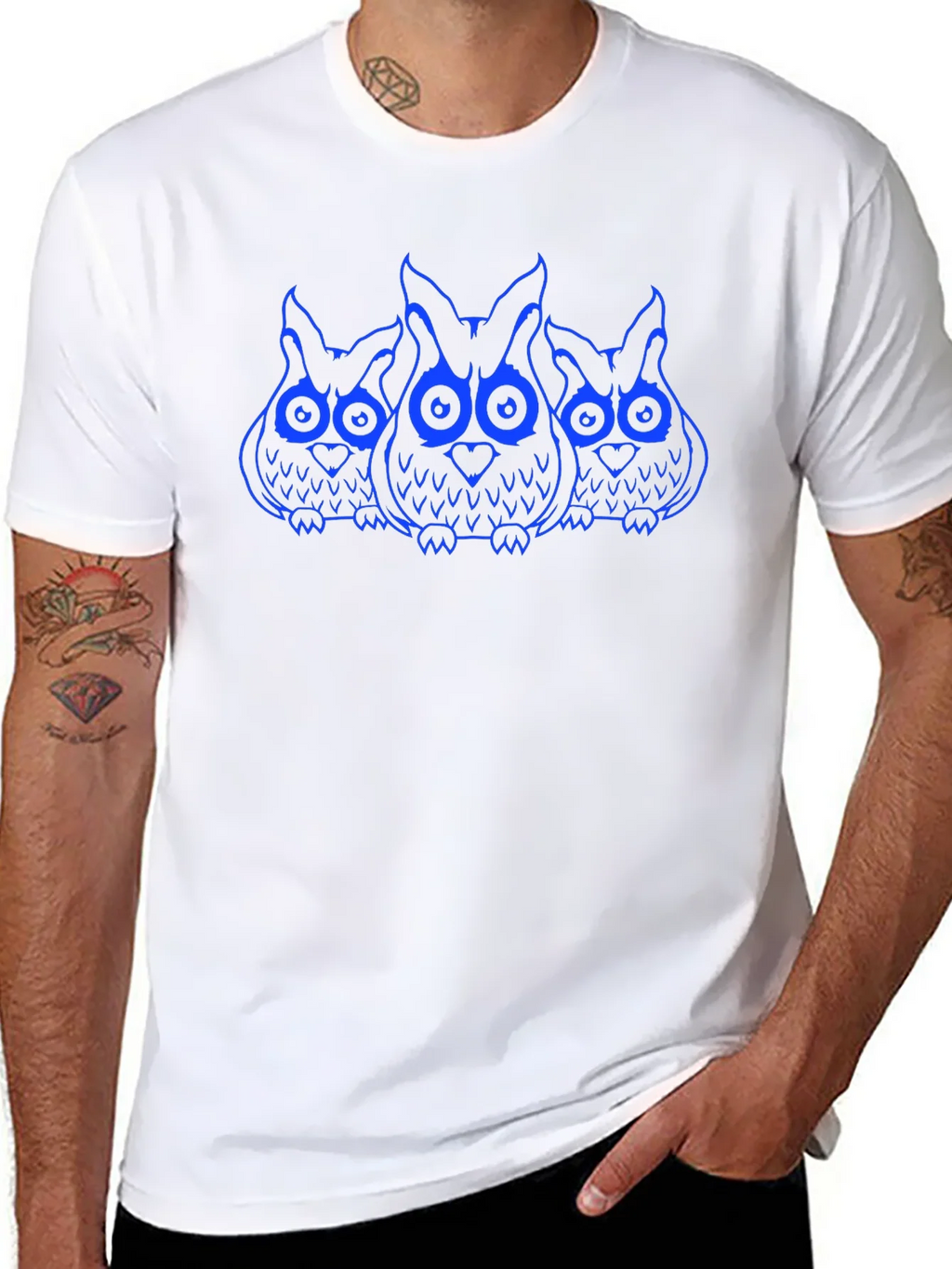 Owl Trio Graphic Print T-Shirt - Black