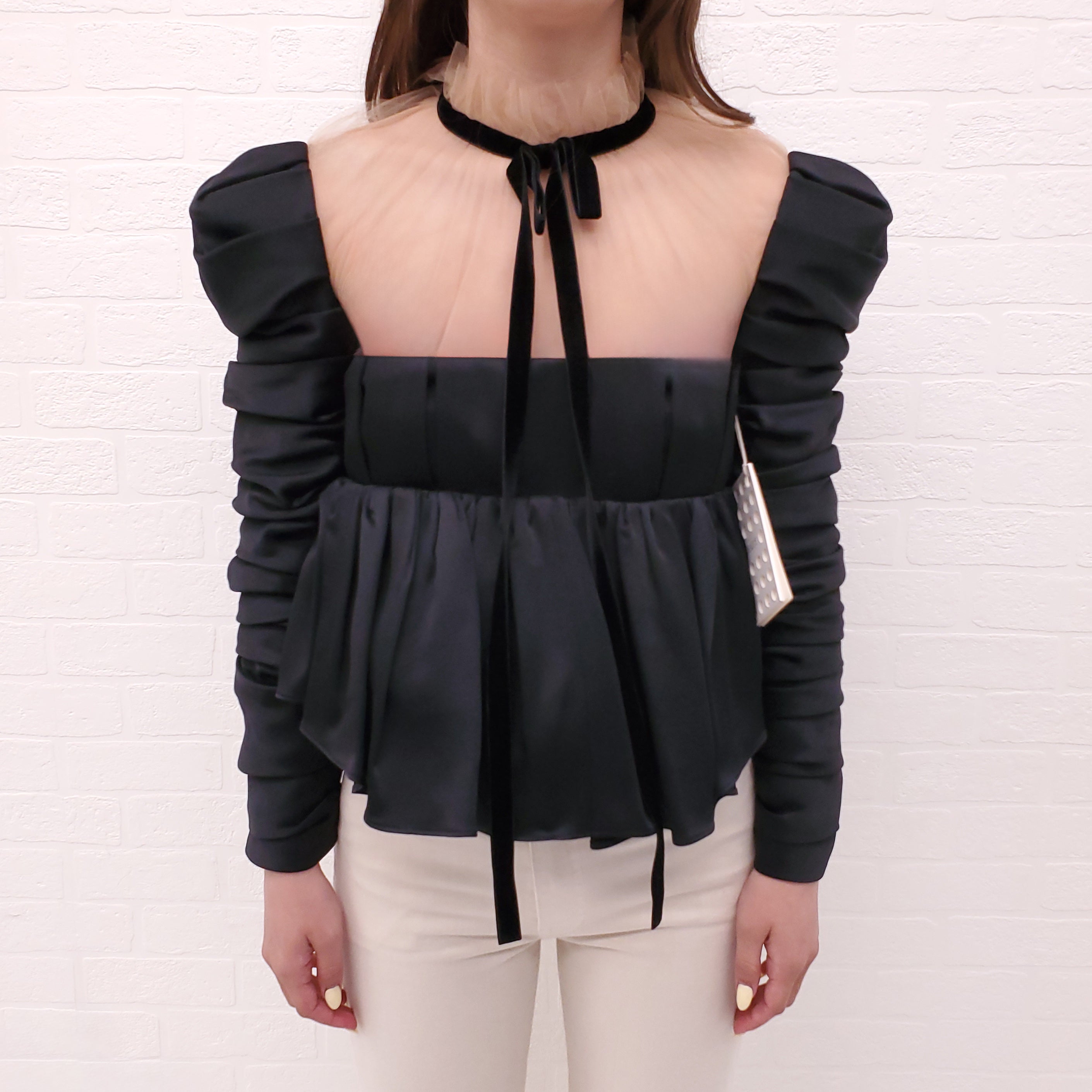 KHAITE BLACK PLEATED BLOUSE SHEER DETAIL AND VELVET BOW - SIZE 2