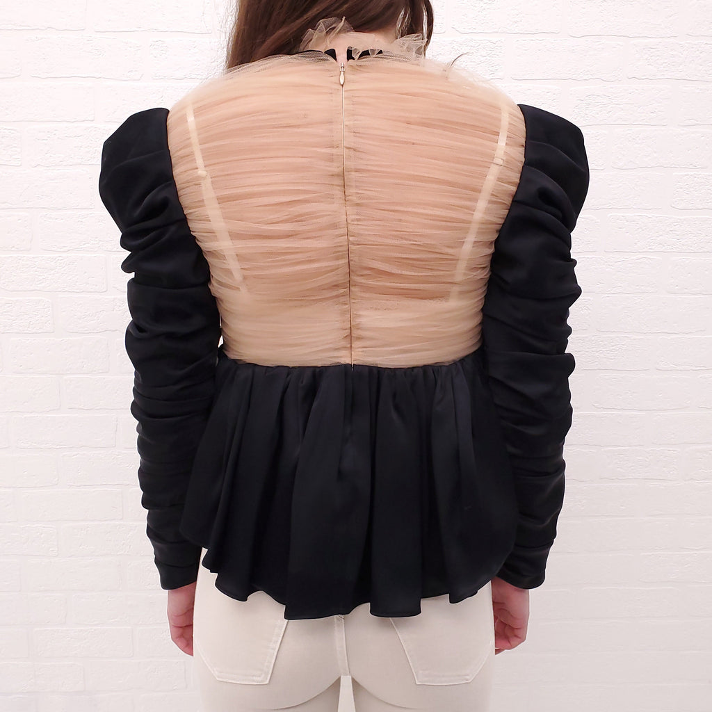 KHAITE BLACK PLEATED BLOUSE SHEER DETAIL AND VELVET BOW - SIZE 2