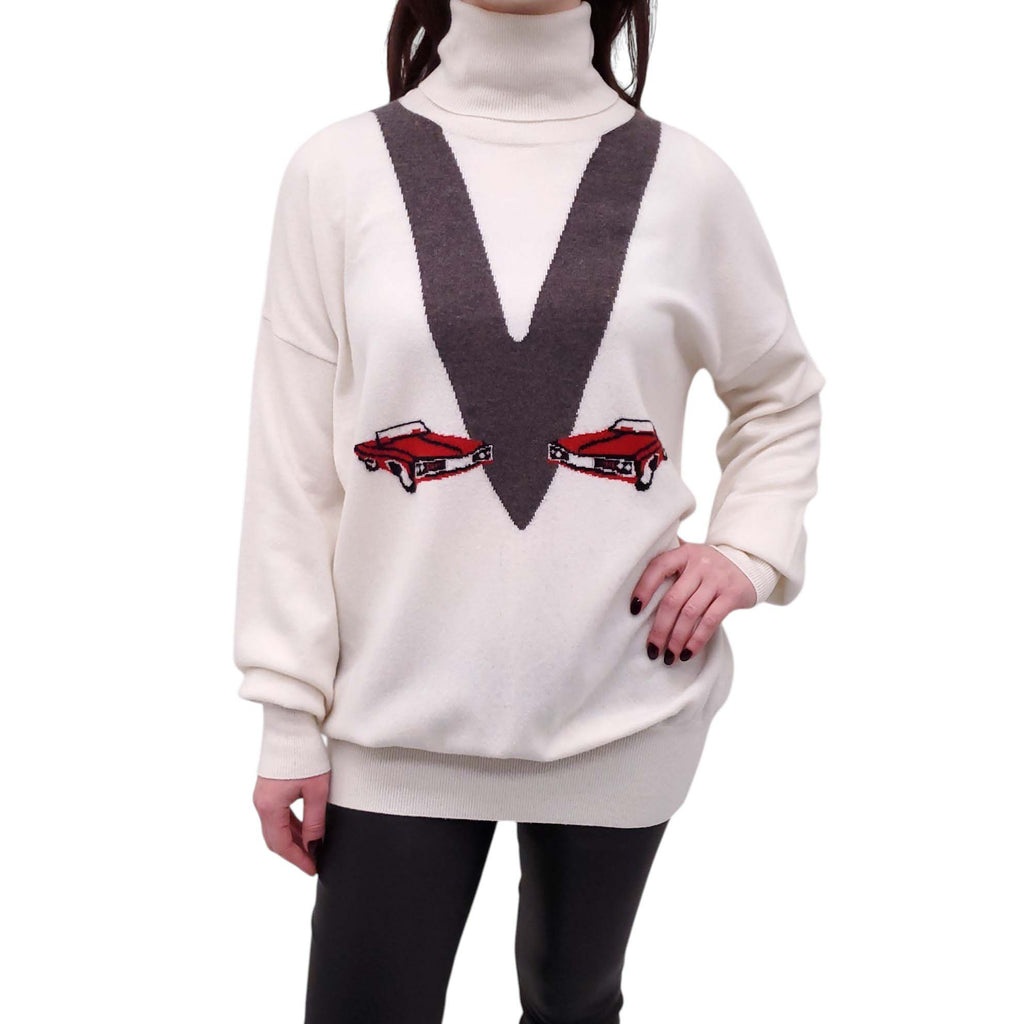 KHAITE CREAM CASHMERE CAR PRINT TURTLENECK SWEATER - SIZE M