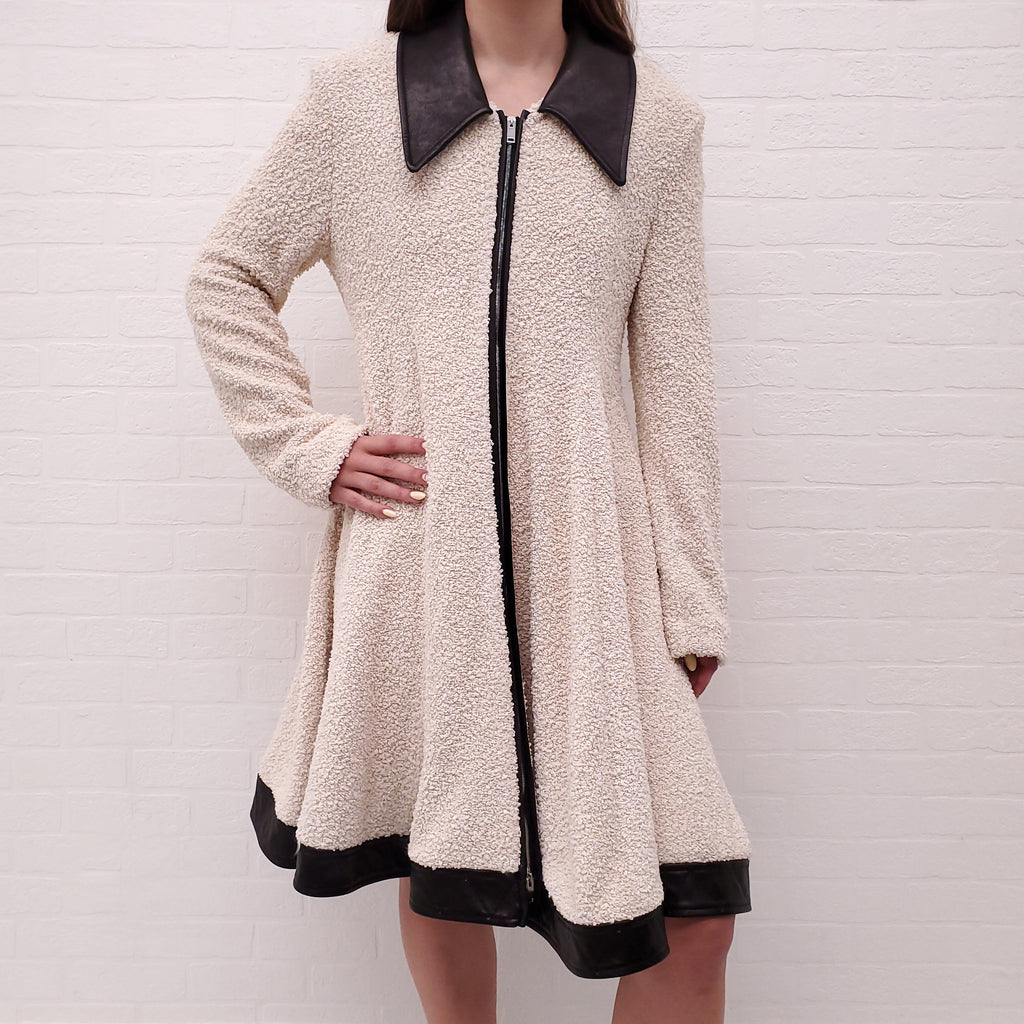 KHAITE CREAM 'JEROLE' BOUCLE COAT WITH BLACK LEATHER TRIM - SIZE S
