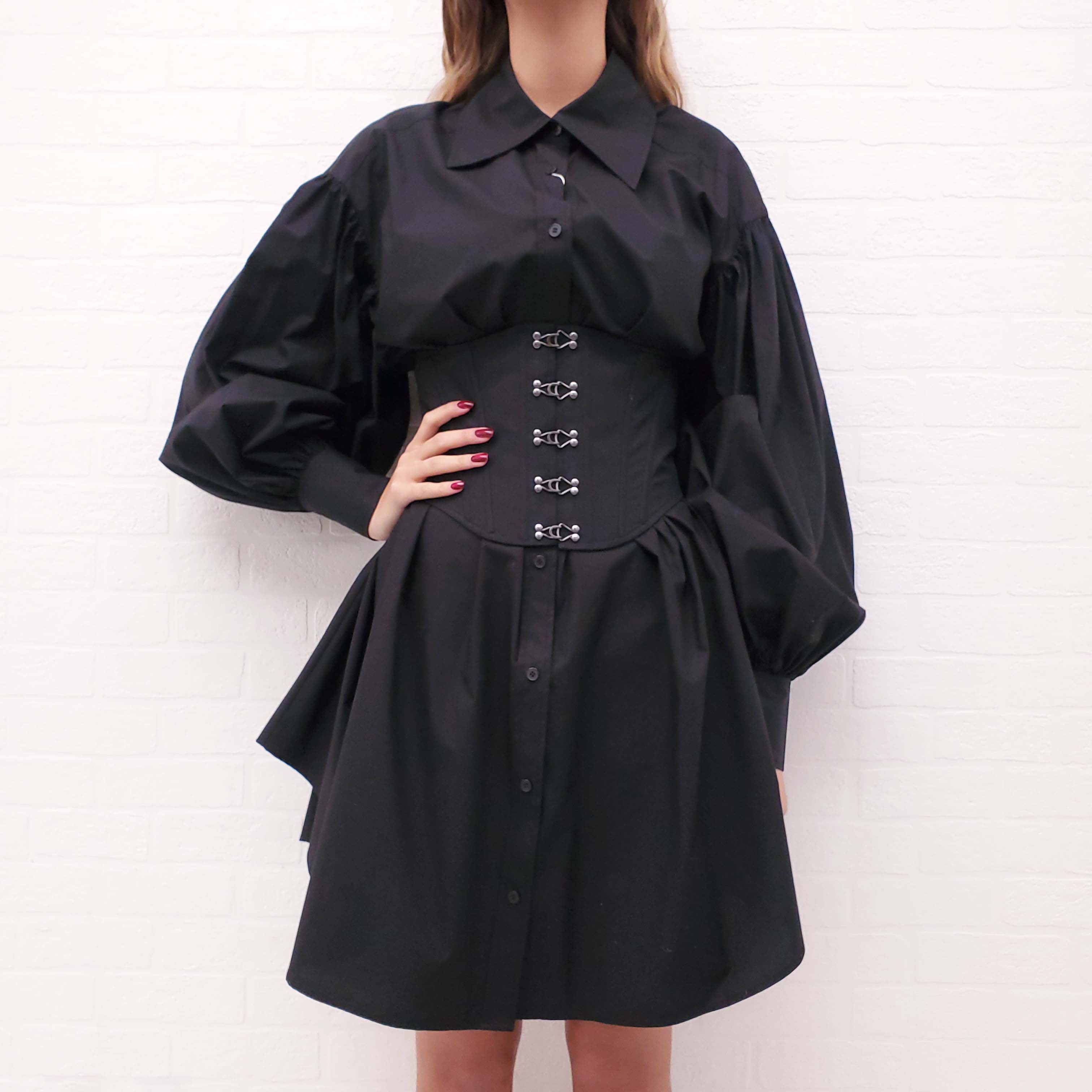 KIMHEKIM BLACK BUTTON UP SHIRT DRESS WITH CORSET BELT - SIZE 34