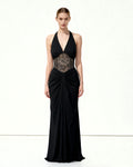 Ruched Lace Panel Maxi Dress - Black