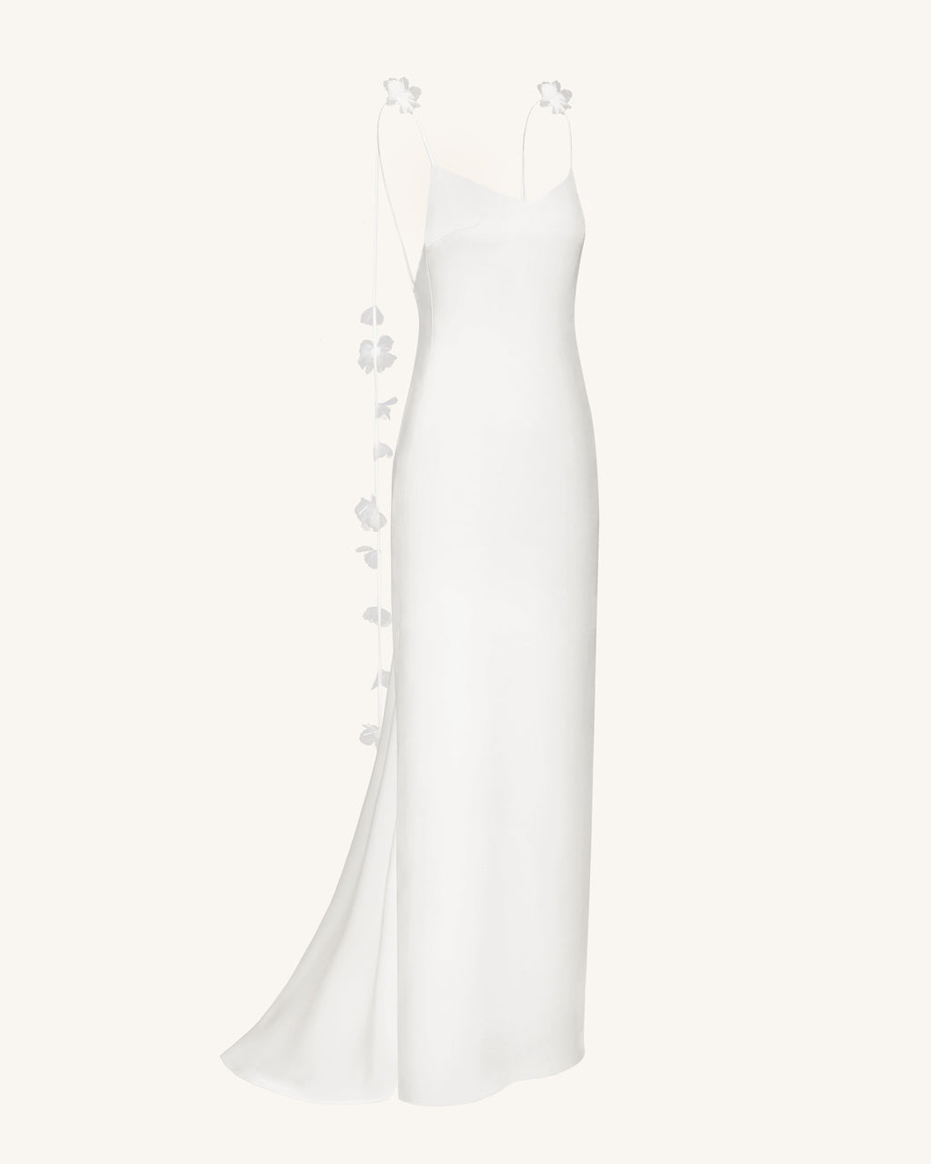 Satin Strappy Maxi Dress with Floral Streamers - White