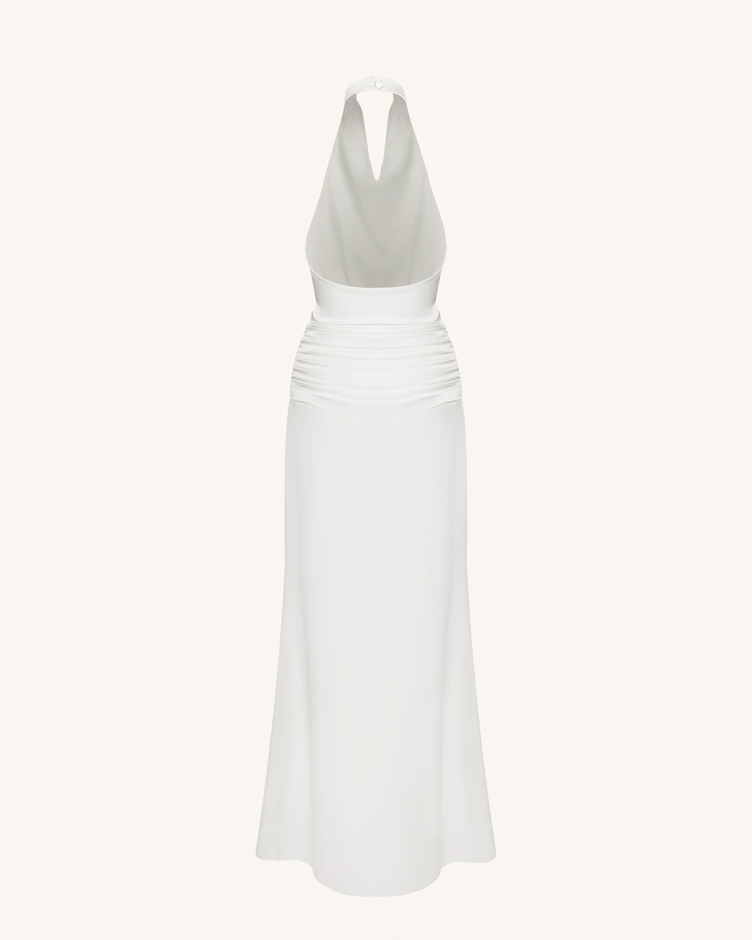 Satin Cowl Neck Ruched Maxi Gown - White