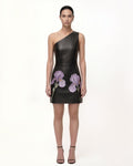 Iris Floral-Print One-Shoulder Leather Mini Dress - Black