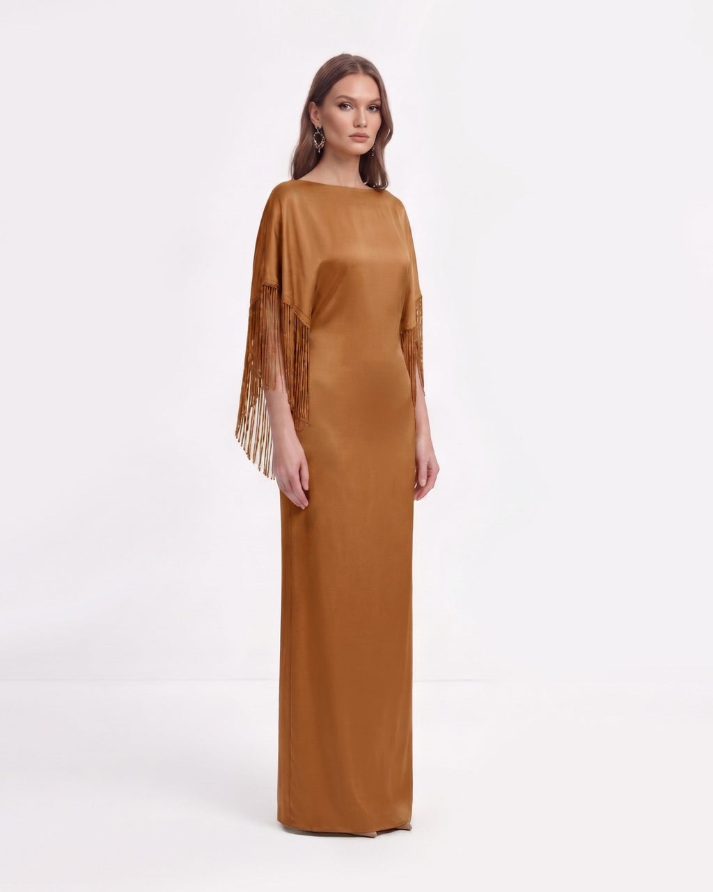 Fringe Cape Satin Maxi Dress - Caramel Brown