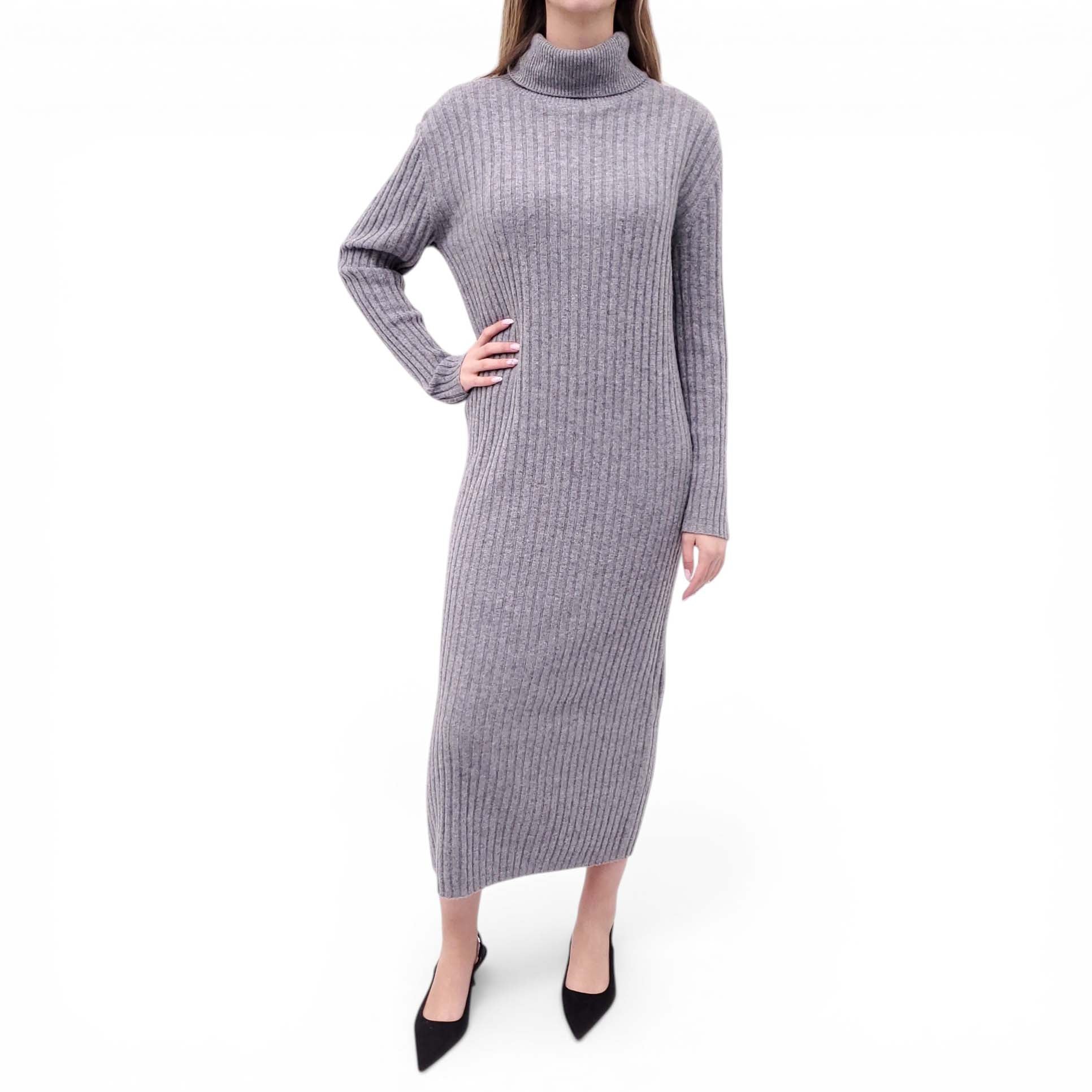 LISA YANG GREY RIBBED CASHMERE TURTLENECK DRESS - SIZE 2/M