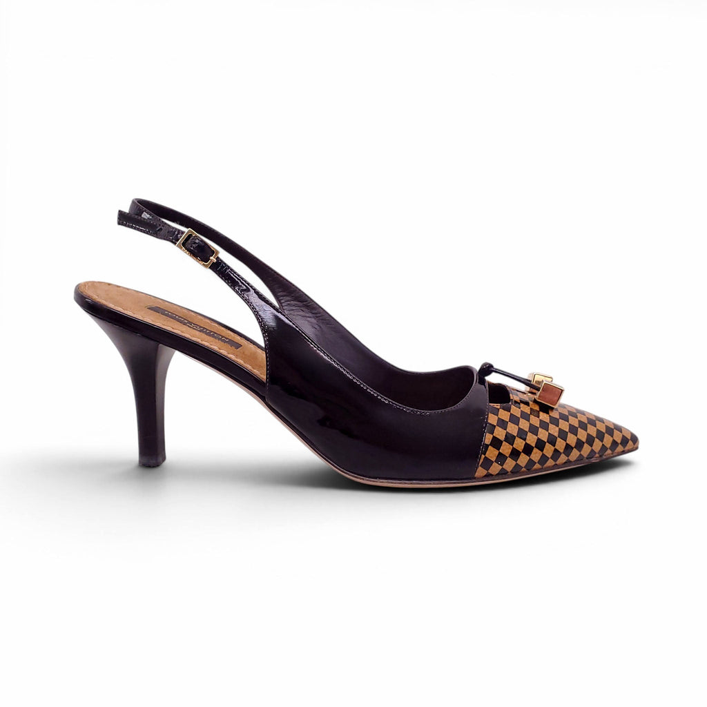 LOUIS VUITTON CHECKERED PATENT SLINGBACK HEELS - SIZE 39.5