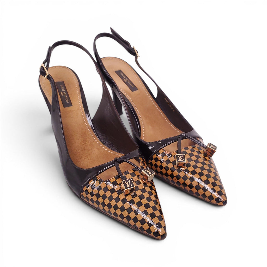 LOUIS VUITTON CHECKERED PATENT SLINGBACK HEELS - SIZE 39.5