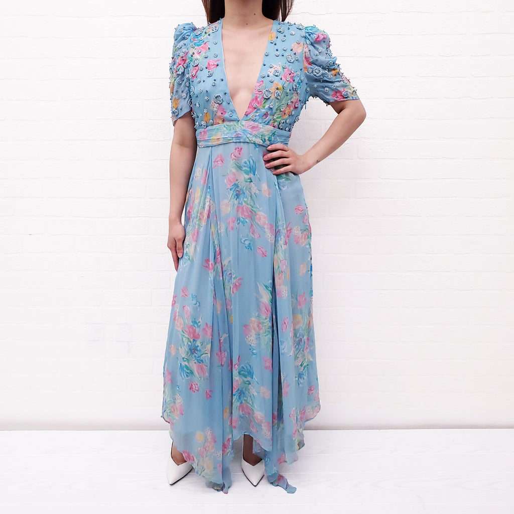 LOVESHACKFANCY AKIRA FLORAL BLUE GOWN - SIZE 4