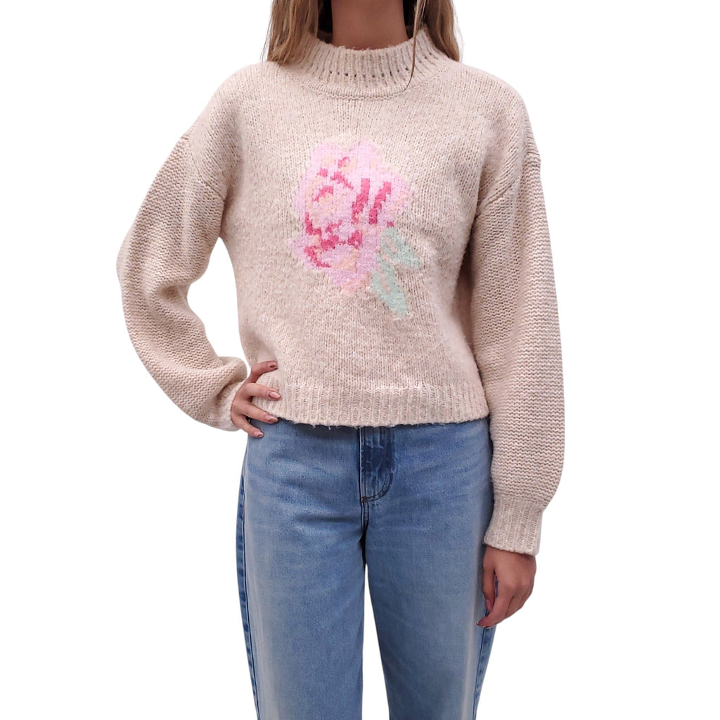 LOVESHACKFANCY BEIGE WOOL-BLEND FLORAL SWEATER - SIZE M