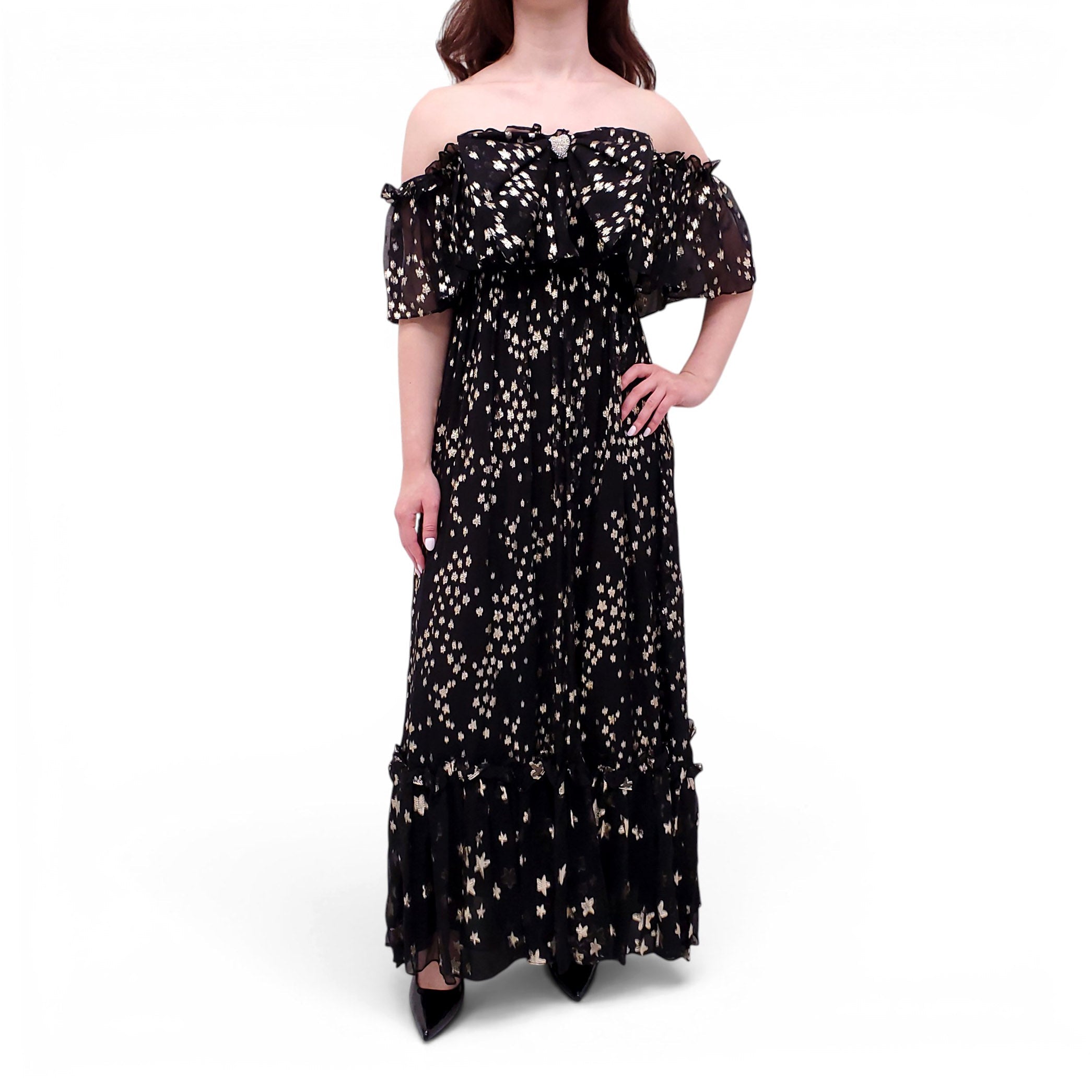 LOVESHACKFANCY BLACK STAR PATTERNED 'RONNY' RUFFLE DRESS - SIZE 2