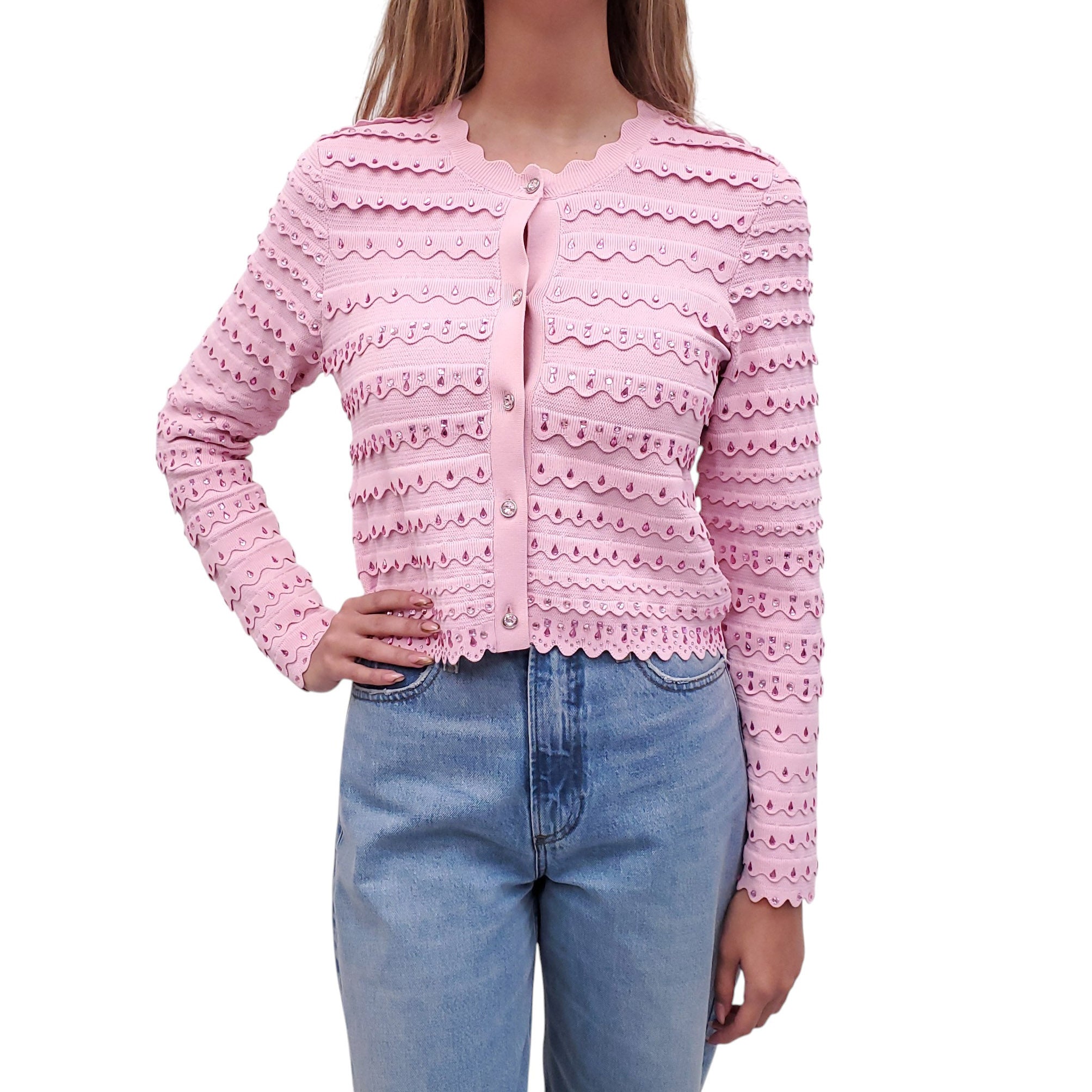 LOVESHACKFANCY PINK CRYSTAL CARDIGAN - SIZE M
