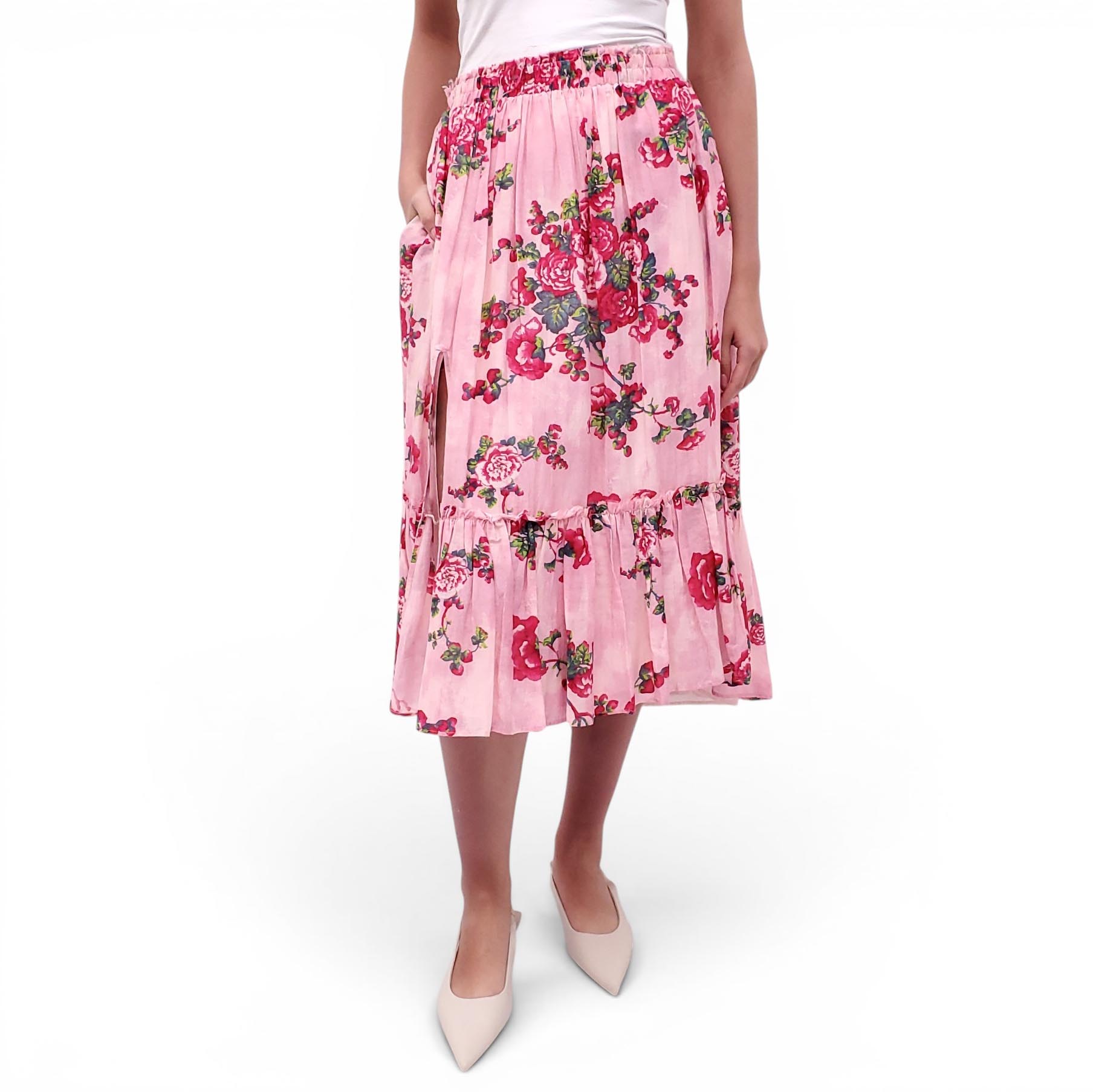 LOVESHACKFANCY PINK FLORAL SKIRT - SIZE S