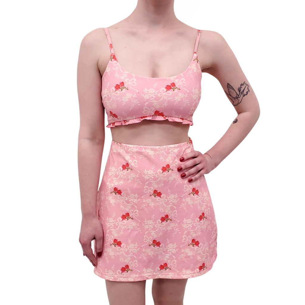 LOVESHACKFANCY PINK FLORAL SPANDEX SKORT SET - SIZE XS