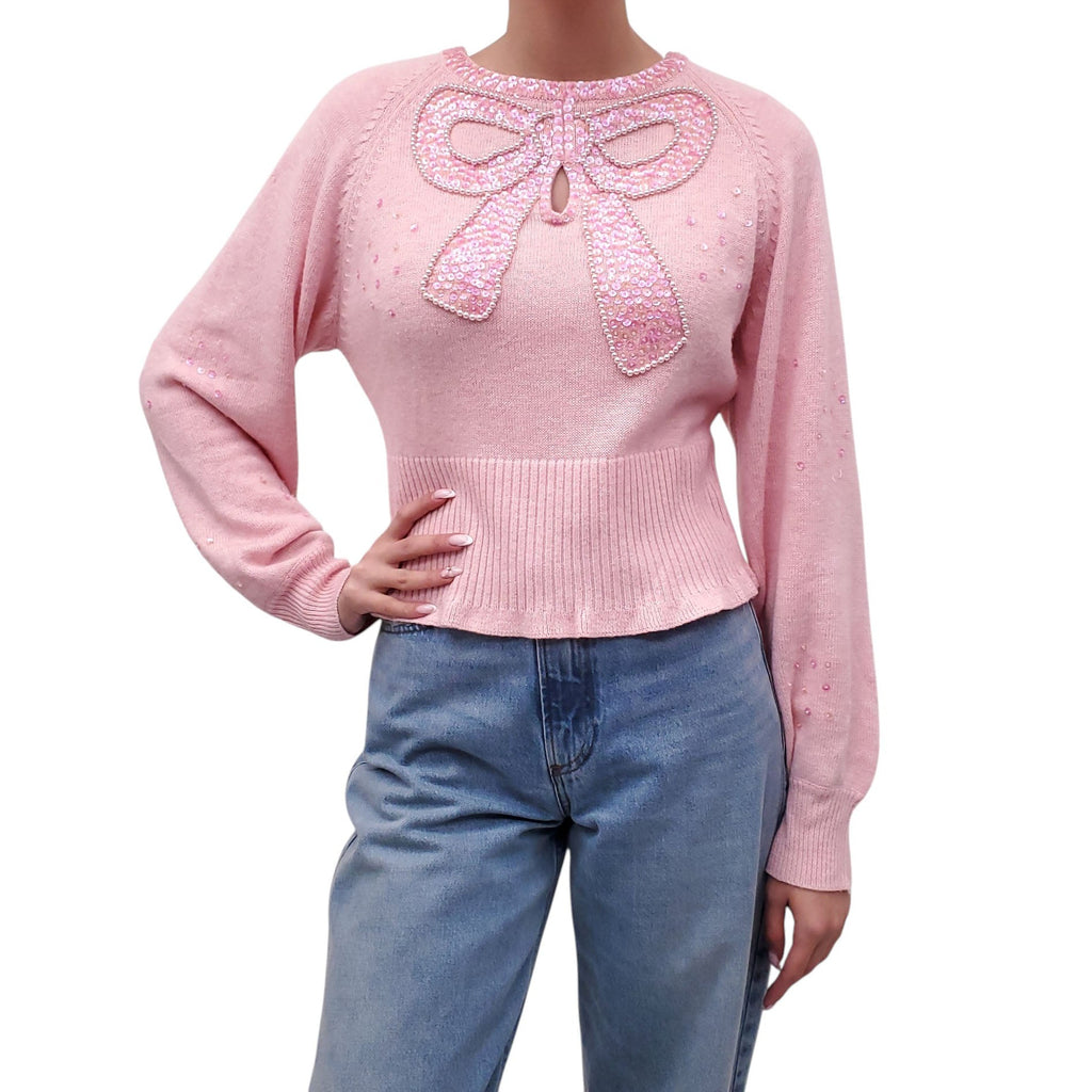 LOVESHACKFANCY PINK SWEATER WITH SEQUIN BOW - SIZE L