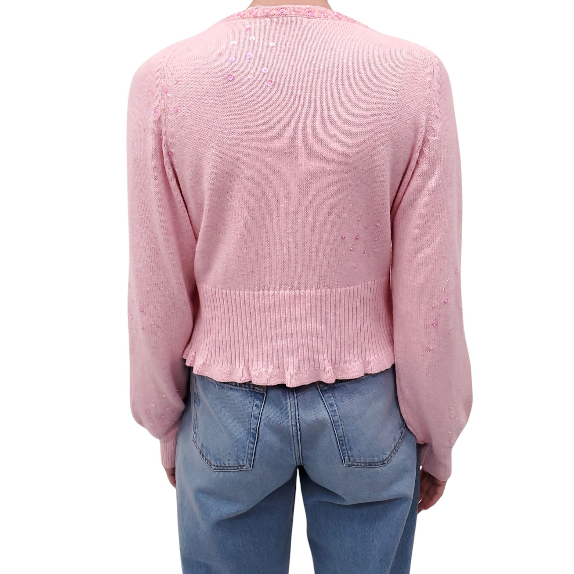 LOVESHACKFANCY PINK SWEATER WITH SEQUIN BOW - SIZE L