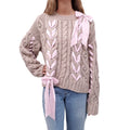LOVESHACKFANCY TAUPE AND PINK RIBBON BOW SWEATER - SIZE XL
