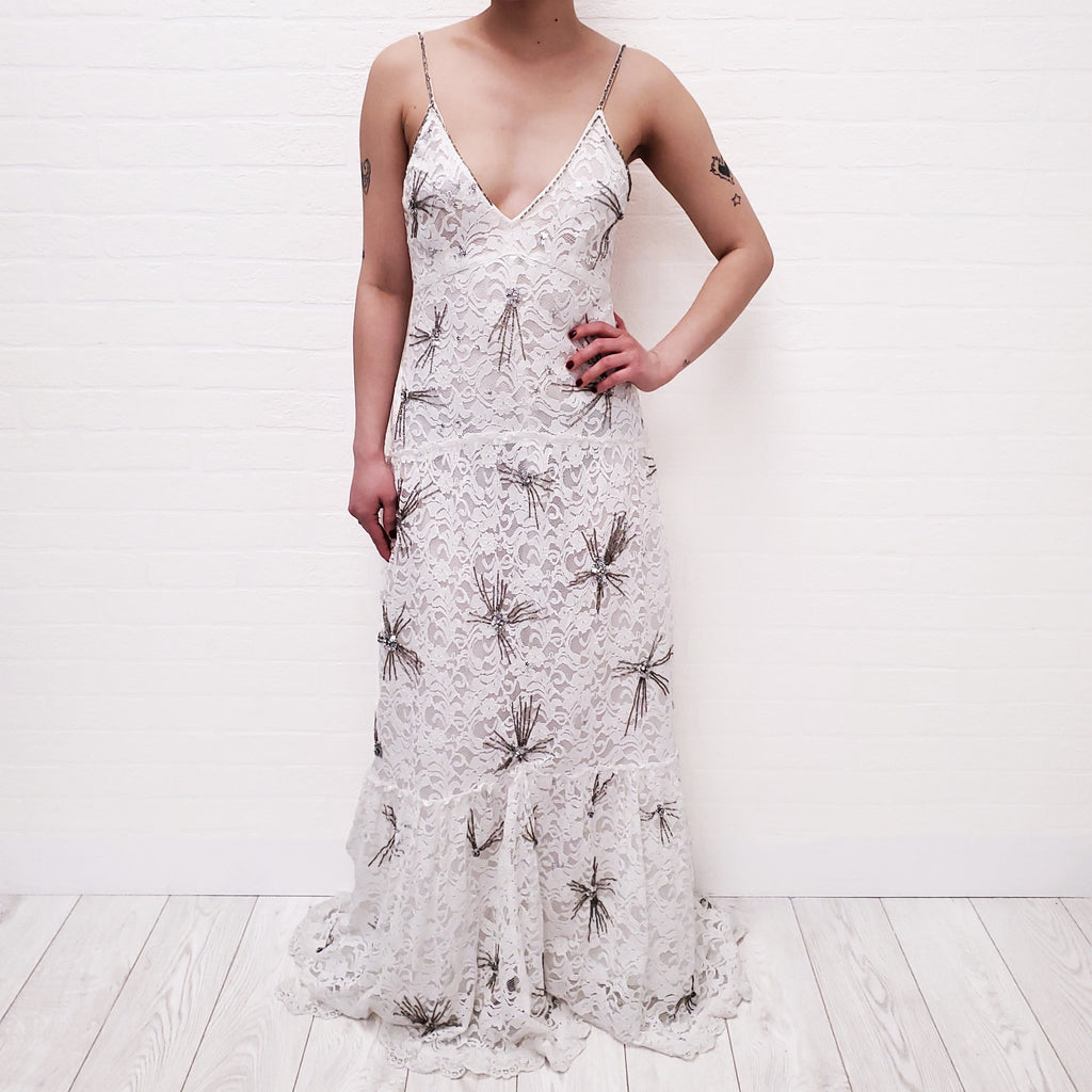 LOVESHACKFANCY WHITE LACE 'CELESTIA' MAXI DRESS WITH SEQUINS - SIZE 2