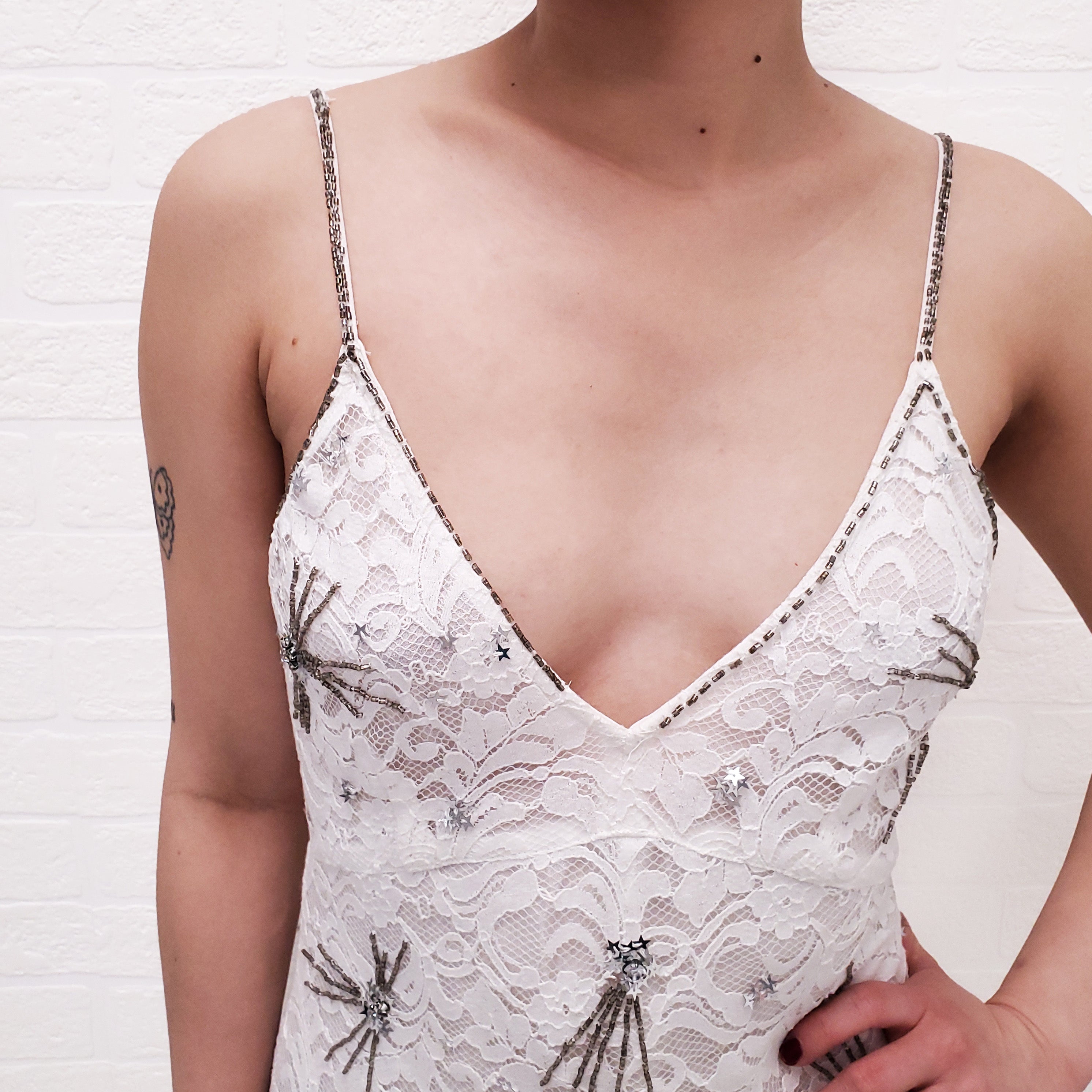 LOVESHACKFANCY WHITE LACE 'CELESTIA' MAXI DRESS WITH SEQUINS - SIZE 2