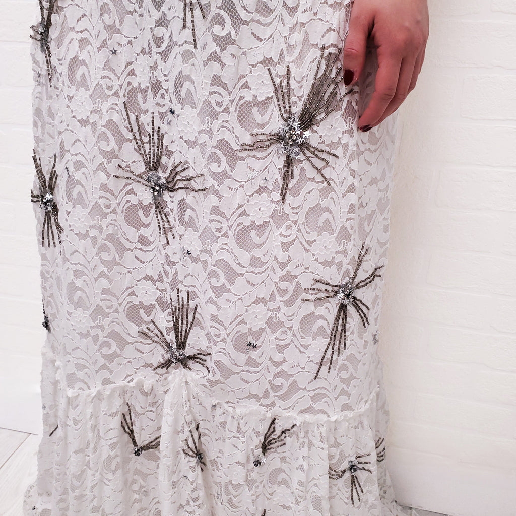 LOVESHACKFANCY WHITE LACE 'CELESTIA' MAXI DRESS WITH SEQUINS - SIZE 2