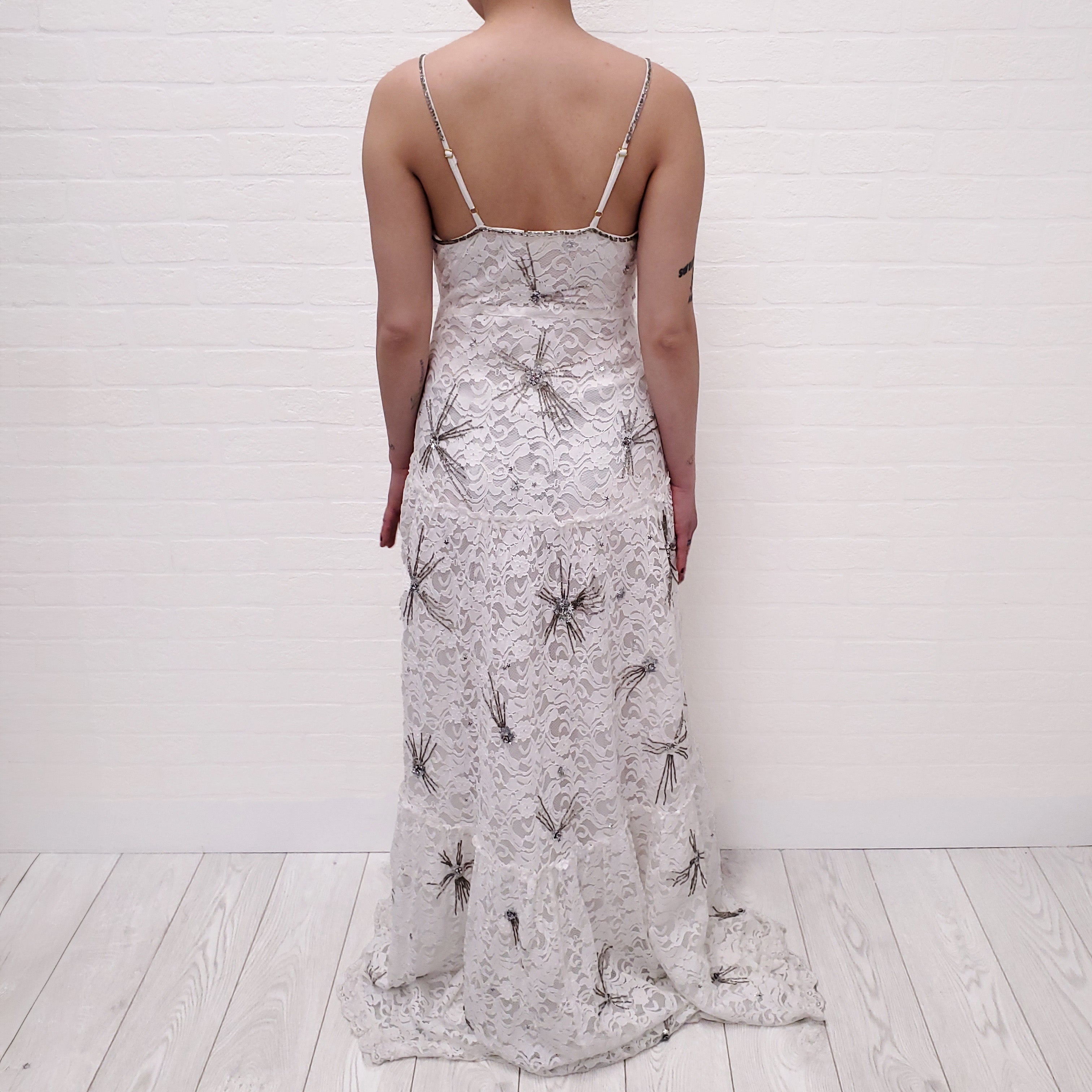 LOVESHACKFANCY WHITE LACE 'CELESTIA' MAXI DRESS WITH SEQUINS - SIZE 2